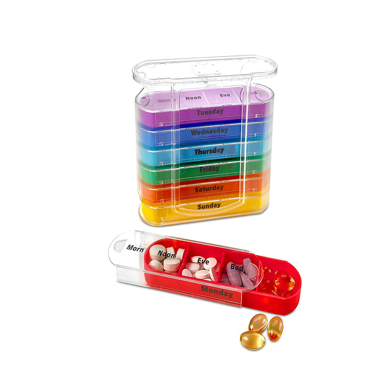 Colorful Weekly Four Times a Day Pill Dispenser with Stackable Compartments 