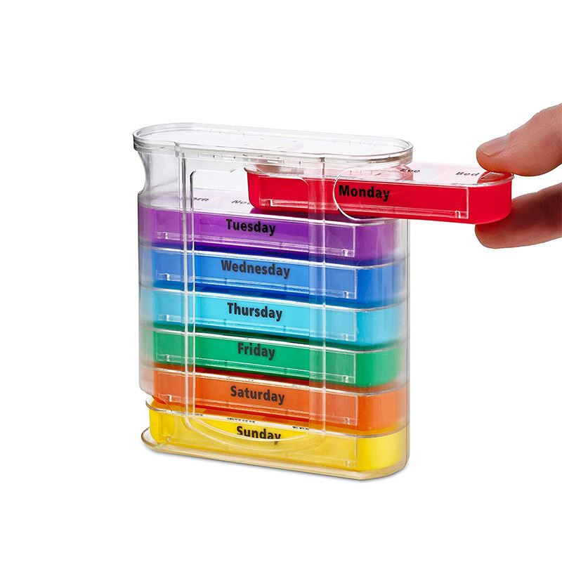 Colorful Weekly Four Times a Day Pill Dispenser with Stackable Compartments 